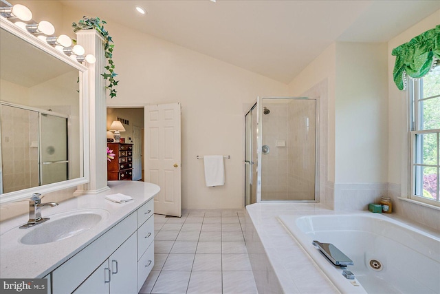 30 Revere Ct, Princeton Junction, NJ 08550 - bathroom with vanity, a shower stall, a whirlpool tub, vaulted ceiling, and tile patterned flooring