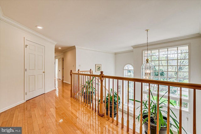 30 Revere Ct, Princeton Junction, NJ 08550 - hallway featuring crown molding, light wood-style flooring, recessed lighting, a chandelier, and baseboards