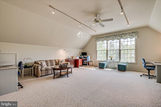 30 Revere Ct, Princeton Junction, NJ 08550 - carpeted office with rail lighting, lofted ceiling, a ceiling fan, and baseboards