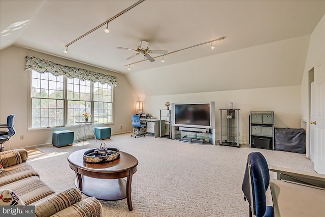 30 Revere Ct, Princeton Junction, NJ 08550 - living room with track lighting, lofted ceiling, a desk, ceiling fan, and carpet floors