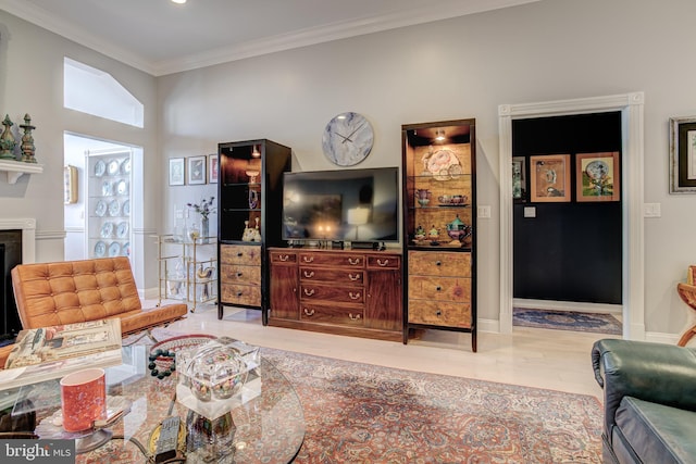 living room featuring crown molding, a fireplace, and wood finished floors