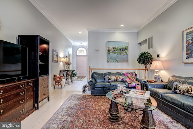 living area featuring recessed lighting, visible vents, ornamental molding, and light wood-style floors