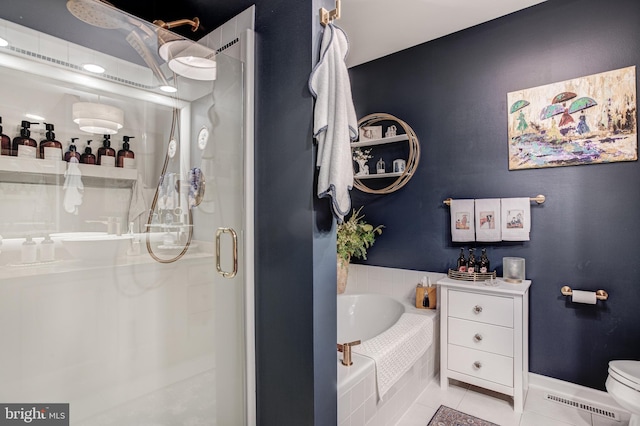 full bath featuring tile patterned flooring, toilet, visible vents, a bath, and a stall shower