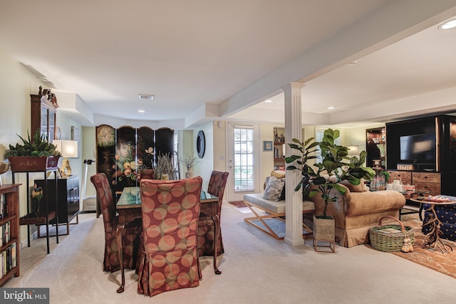 dining room with recessed lighting, decorative columns, visible vents, and light carpet