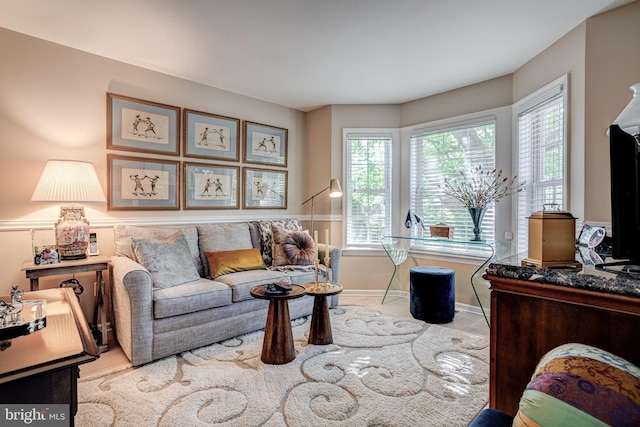 living area with baseboards and wood finished floors