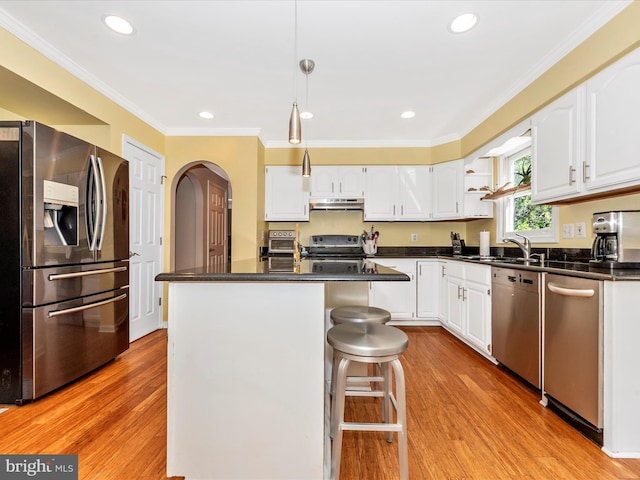 7915 Mount Pleasant Ct E, Walkersville, MD 21793 - kitchen featuring white cabinetry, dark countertops, appliances with stainless steel finishes, and a sink