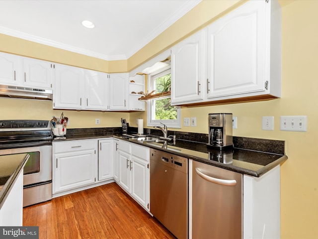 7915 Mount Pleasant Ct E, Walkersville, MD 21793 - kitchen featuring a sink, under cabinet range hood, white cabinets, electric stove, and dishwasher