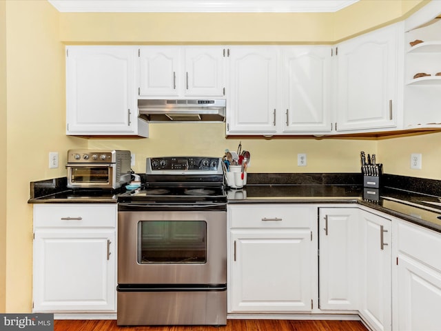 7915 Mount Pleasant Ct E, Walkersville, MD 21793 - kitchen featuring stainless steel electric range, under cabinet range hood, and white cabinets