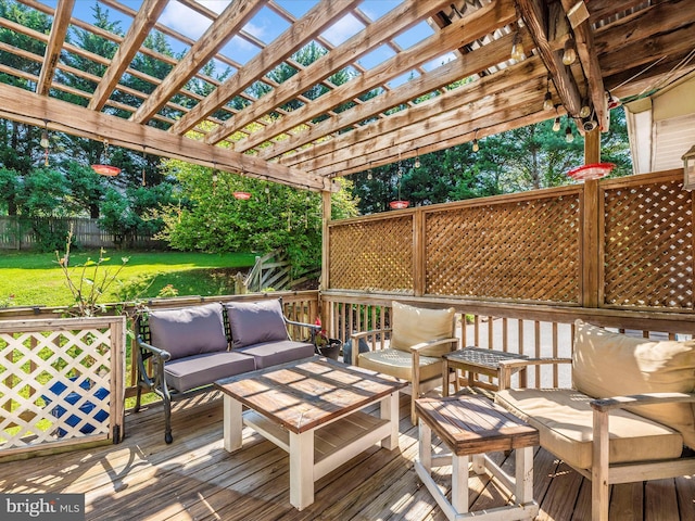 7915 Mount Pleasant Ct E, Walkersville, MD 21793 - wooden terrace featuring a yard, fence, an outdoor living space, and a pergola