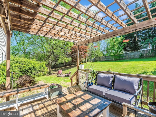 7915 Mount Pleasant Ct E, Walkersville, MD 21793 - wooden deck featuring an outdoor hangout area, a pergola, a lawn, and a fenced backyard