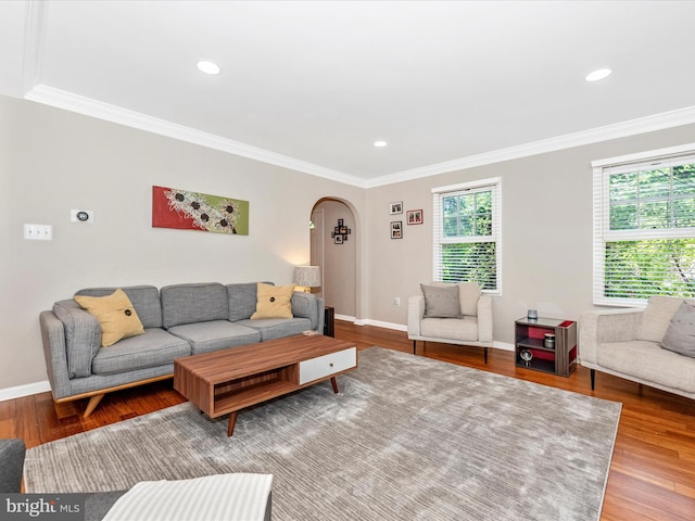 7915 Mount Pleasant Ct E, Walkersville, MD 21793 - living room with arched walkways, wood finished floors, and ornamental molding