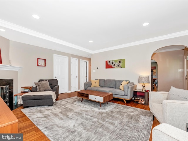7915 Mount Pleasant Ct E, Walkersville, MD 21793 - living area with arched walkways, recessed lighting, ornamental molding, and light wood-type flooring