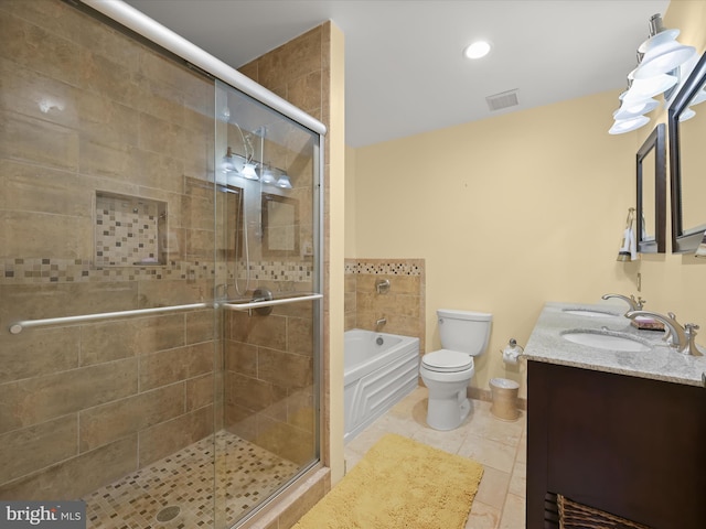 bathroom with visible vents, vanity, toilet, and a shower stall