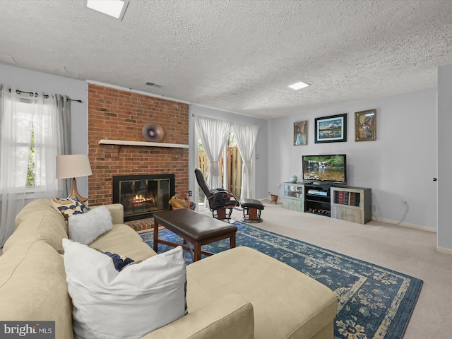 carpeted living room with a brick fireplace, a textured ceiling, visible vents, and baseboards