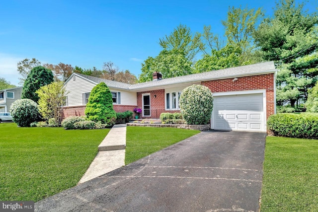 single story home with brick siding, a garage, and a chimney