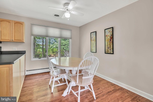 dining space featuring a ceiling fan, visible vents, baseboards, a baseboard radiator, and light wood finished floors