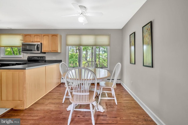 dining area with ceiling fan, baseboards, plenty of natural light, and wood finished floors