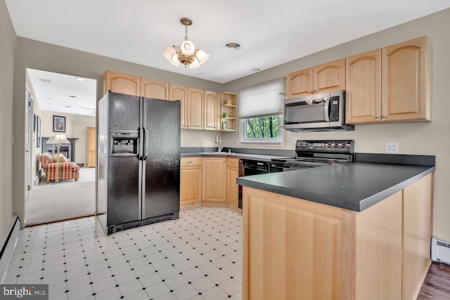 kitchen with light floors, a sink, black appliances, and light brown cabinets