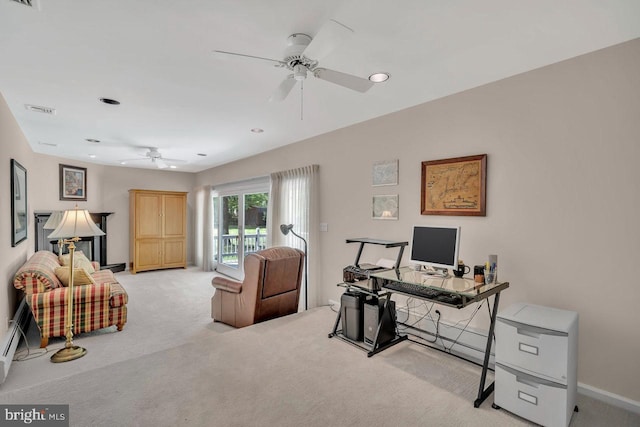home office featuring ceiling fan, light carpet, recessed lighting, and visible vents