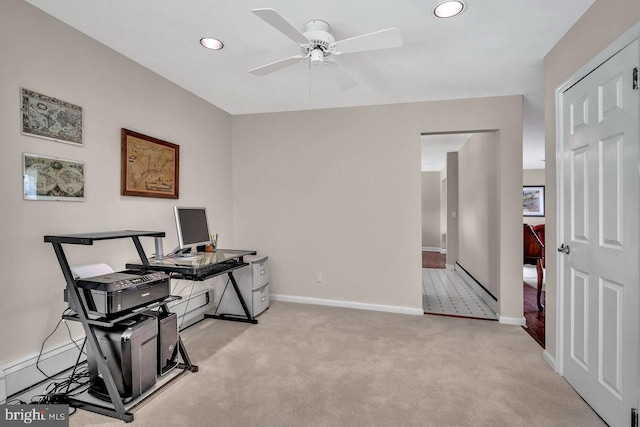 office area featuring baseboards, a ceiling fan, carpet, and recessed lighting