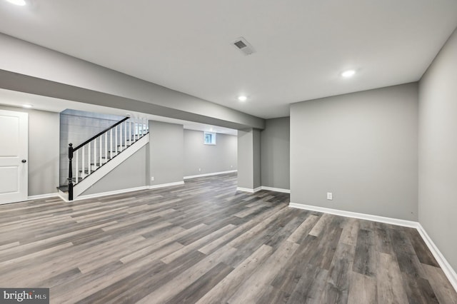 1954 Sponson St, Baltimore, MD 21230 - below grade area with recessed lighting, baseboards, visible vents, stairs, and wood finished floors