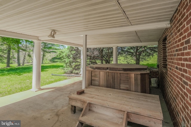 view of patio featuring a hot tub