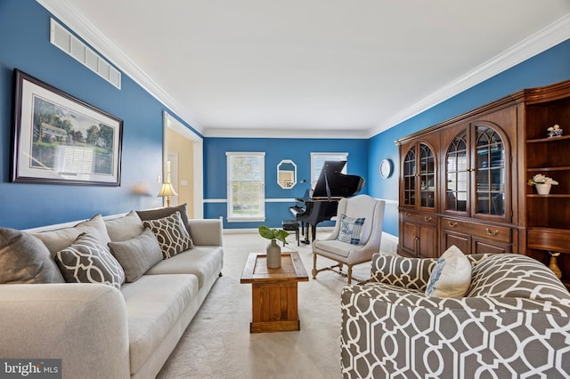 living area featuring crown molding, visible vents, and light carpet