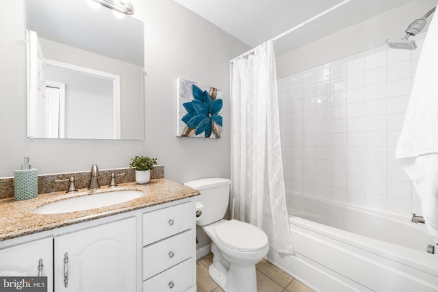 bathroom featuring toilet, shower / bath combo with shower curtain, tile patterned flooring, and vanity