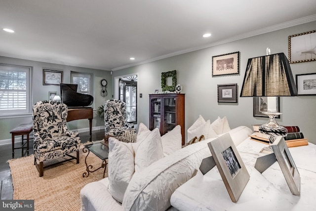 living area featuring baseboards, ornamental molding, and recessed lighting