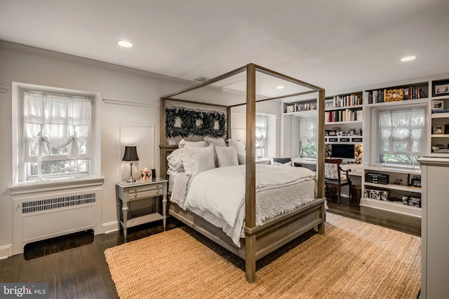 bedroom featuring recessed lighting, ornamental molding, wood finished floors, and radiator