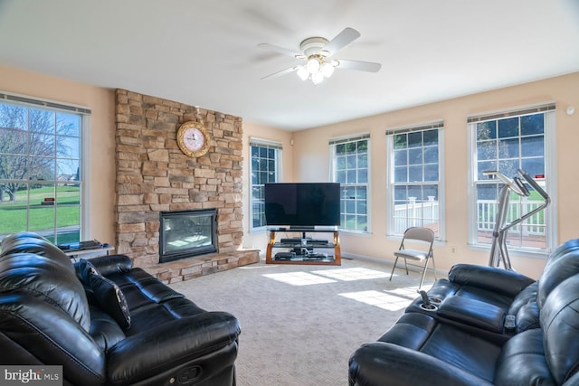 1249 Canon Way, Westminster, MD 21157 - living room featuring carpet, baseboards, ceiling fan, and a fireplace