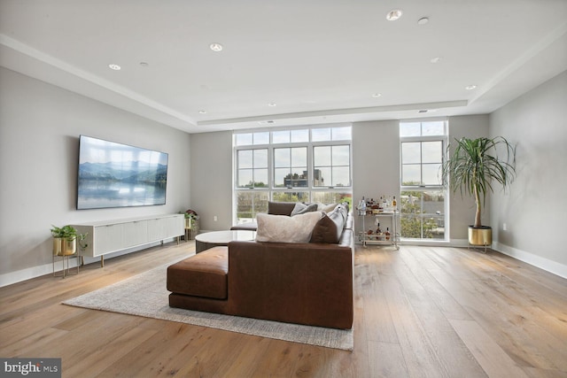 living room with baseboards, recessed lighting, a tray ceiling, and wood finished floors