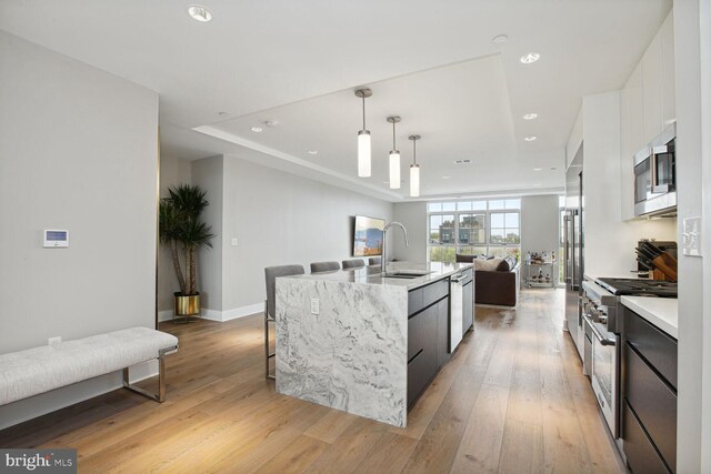 kitchen with high quality appliances, a sink, open floor plan, a spacious island, and modern cabinets