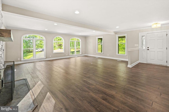 7746 Emerson Burrier Rd, Mount Airy, MD 21771 - unfurnished living room with recessed lighting, baseboards, and dark wood finished floors