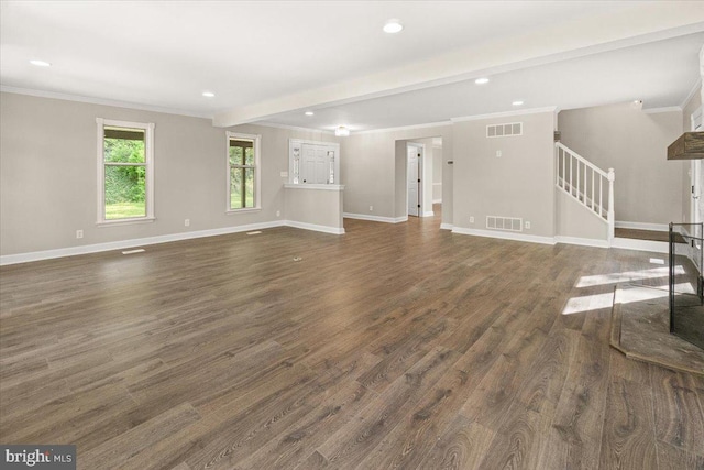 7746 Emerson Burrier Rd, Mount Airy, MD 21771 - unfurnished living room featuring dark wood-style flooring, visible vents, baseboards, ornamental molding, and recessed lighting