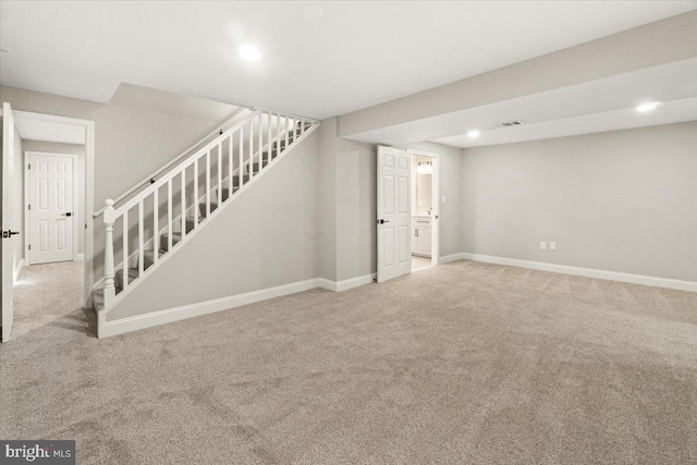 7746 Emerson Burrier Rd, Mount Airy, MD 21771 - finished basement featuring visible vents, light colored carpet, stairway, baseboards, and recessed lighting