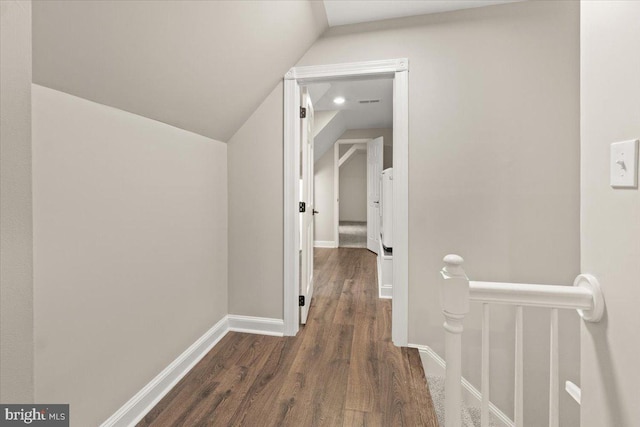 7746 Emerson Burrier Rd, Mount Airy, MD 21771 - hallway with wood finished floors, baseboards, an upstairs landing, lofted ceiling, and recessed lighting