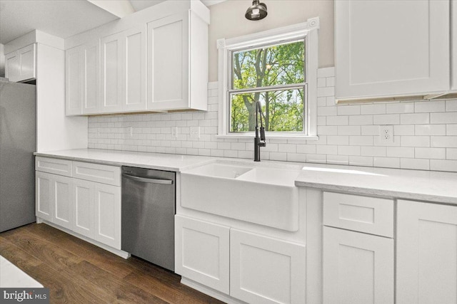 7746 Emerson Burrier Rd, Mount Airy, MD 21771 - kitchen with backsplash, stainless steel appliances, dark wood finished floors, and white cabinetry
