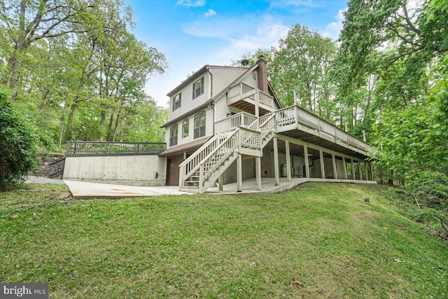 7746 Emerson Burrier Rd, Mount Airy, MD 21771 - back of house featuring a wooden deck, a chimney, stairs, a patio area, and a yard