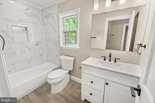 7746 Emerson Burrier Rd, Mount Airy, MD 21771 - bathroom featuring bathtub / shower combination, vanity, toilet, baseboards, and wood finished floors