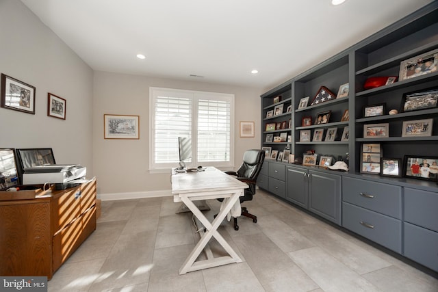 office area with light tile patterned floors, baseboards, and recessed lighting
