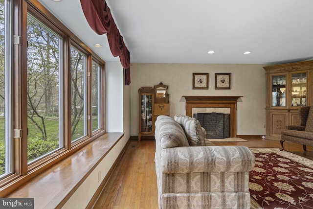 living area with recessed lighting, wood finished floors, and a fireplace