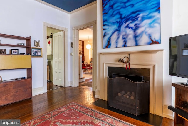 living area with a fireplace with flush hearth and wood finished floors