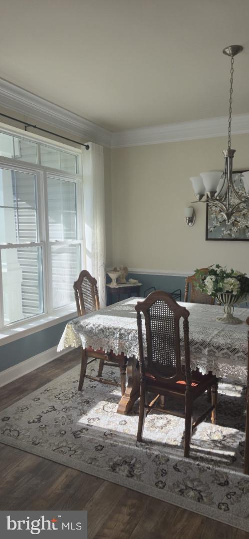 24840 Mistletoe Dr, Georgetown, DE 19947 - dining space featuring an inviting chandelier, ornamental molding, and wood finished floors