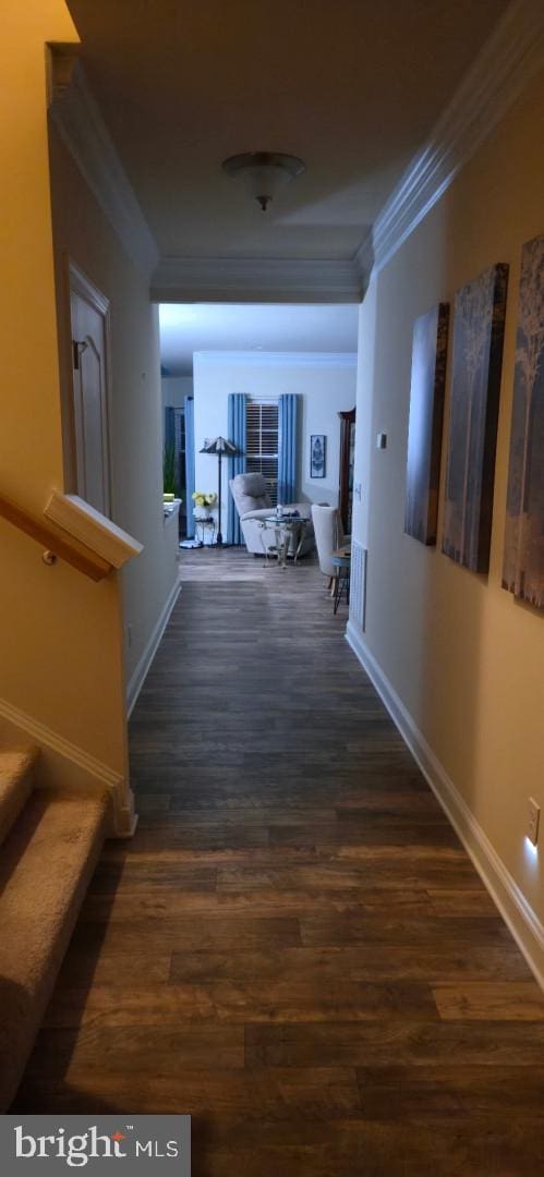 24840 Mistletoe Dr, Georgetown, DE 19947 - corridor with crown molding, baseboards, wood finished floors, and stairway