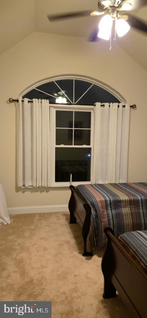 24840 Mistletoe Dr, Georgetown, DE 19947 - bedroom featuring carpet flooring, a ceiling fan, and lofted ceiling