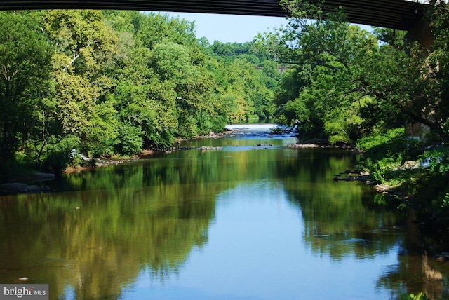view of water feature featuring a wooded view