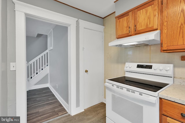 kitchen with decorative backsplash, brown cabinetry, dark wood-style flooring, white electric range, and under cabinet range hood