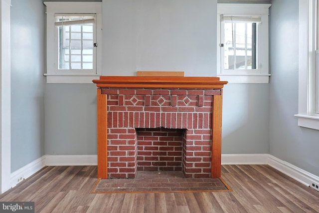 details featuring baseboards, wood finished floors, and a fireplace