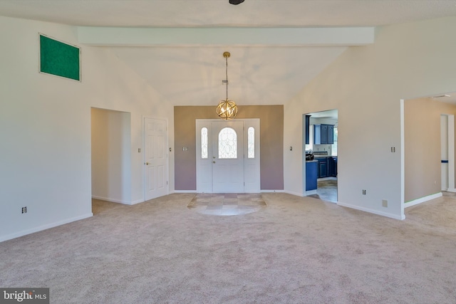 3 Dusty Rd, Easton, PA 18045 - entryway featuring beamed ceiling, high vaulted ceiling, light colored carpet, and baseboards
